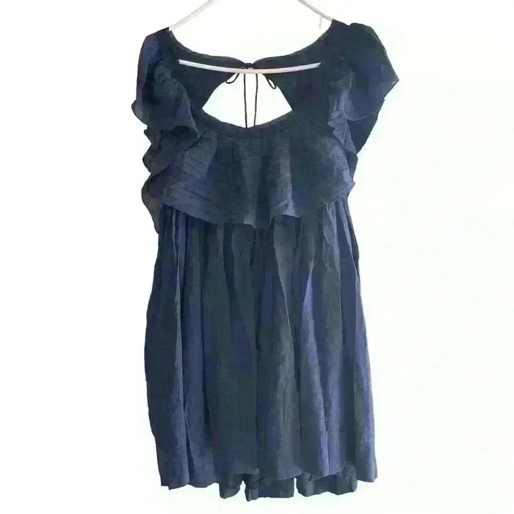 Free People Women's Hailey Cotton Ruffle Short Sleeve Mini Dress Navy M $148 NWT